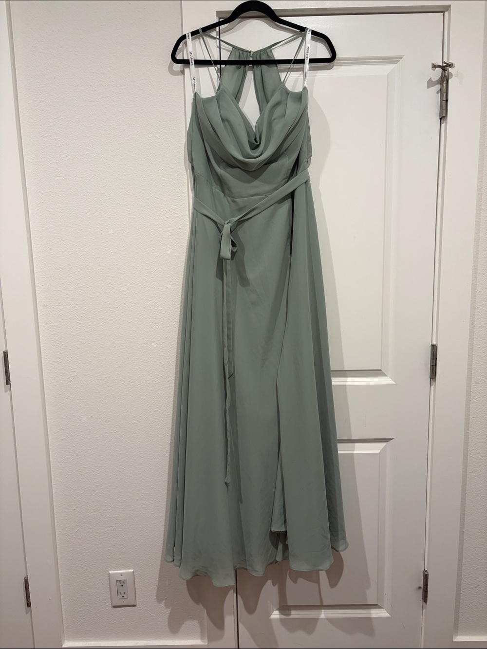 JJs House atriza chiffon Sage Green Draped Cowl Neck Maxi Dress
